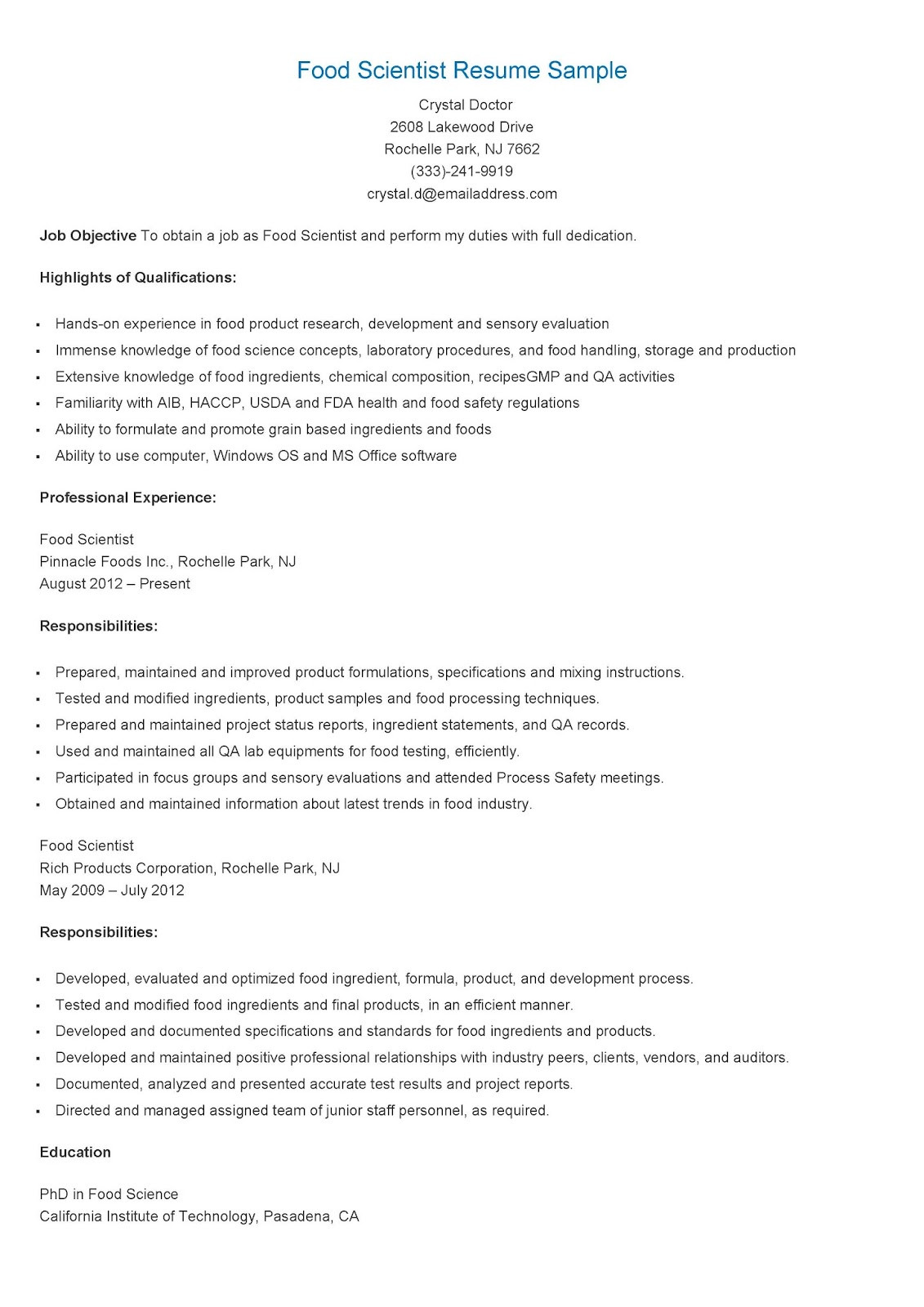 Food Science and Nutrition Resume Sample Resume Samples Food Scientist Resume Sample