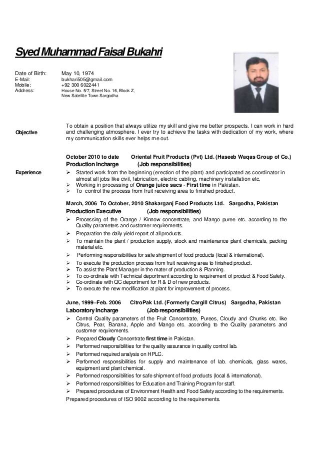 Food Science and Technology Resume Sample Cv Faisal for Food Science Processing and Technology Food Science and Technology Resume Sample Cv Faisal for Food Science Processing and Technology