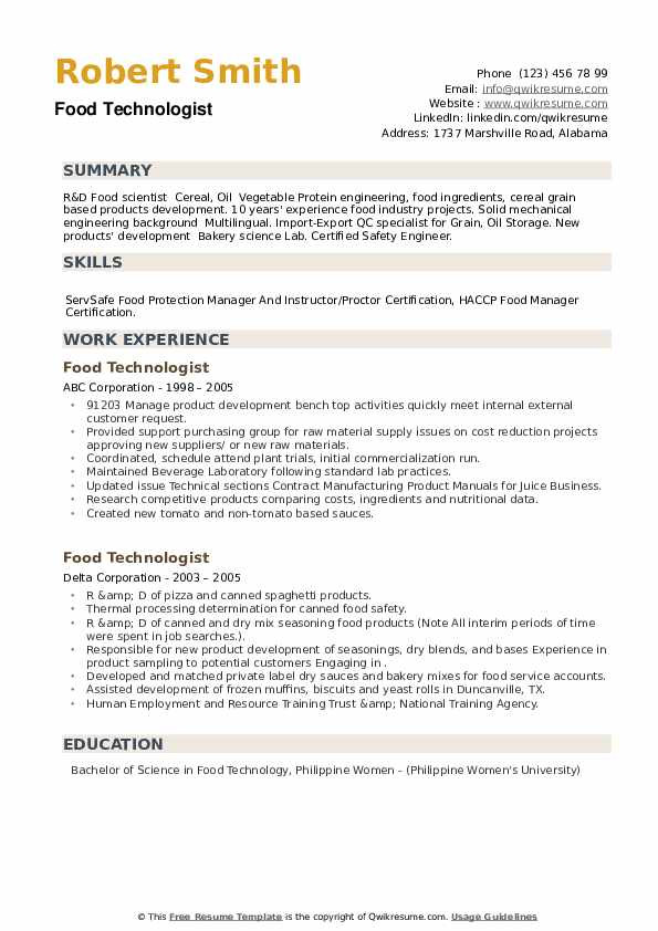 Food Science and Technology Resume Sample Food Technologist Resume Samples Food Science and Technology Resume Sample Food Technologist Resume Samples
