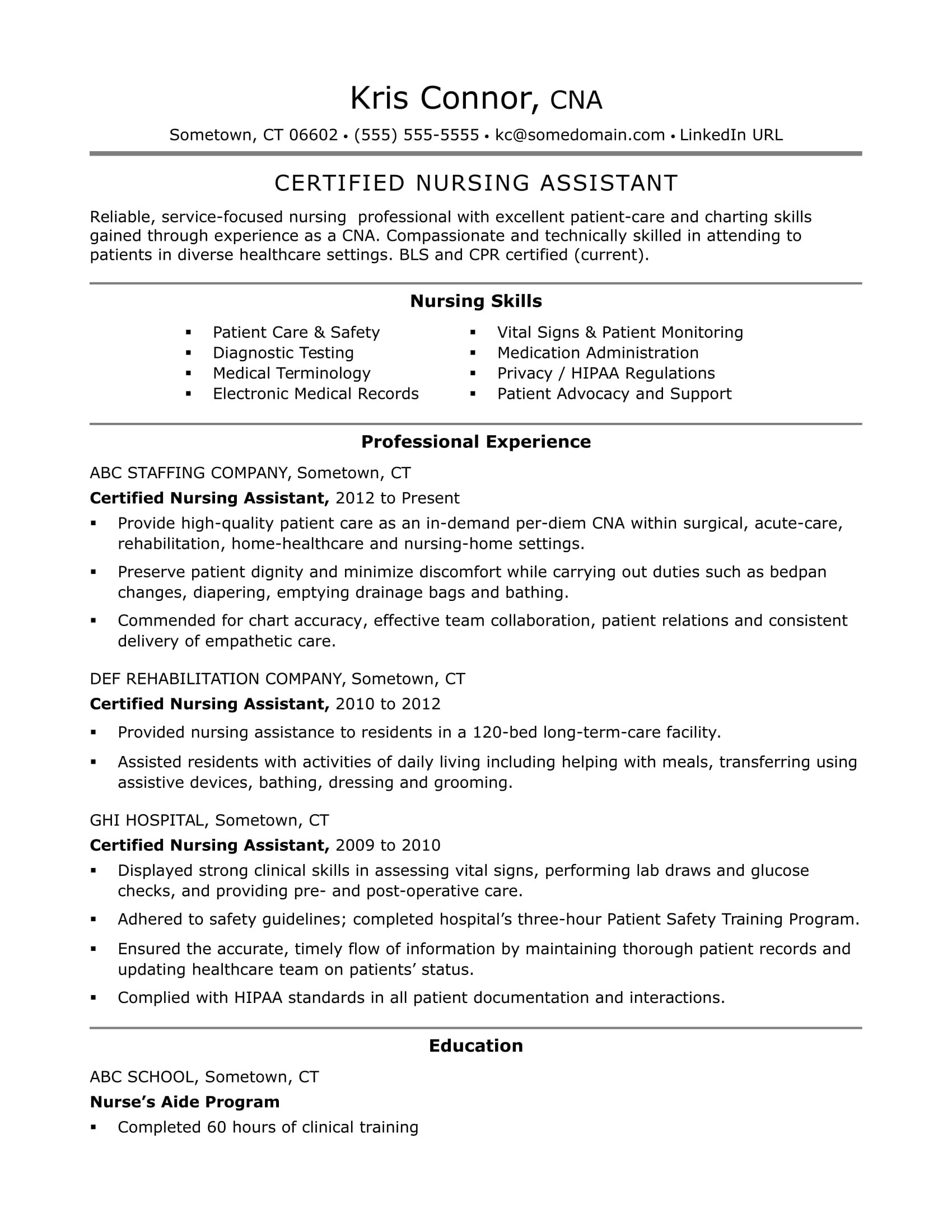 Home Health Care Nurse Resume Sample Cna Resume Examples: Skills for Cnas Monster.com