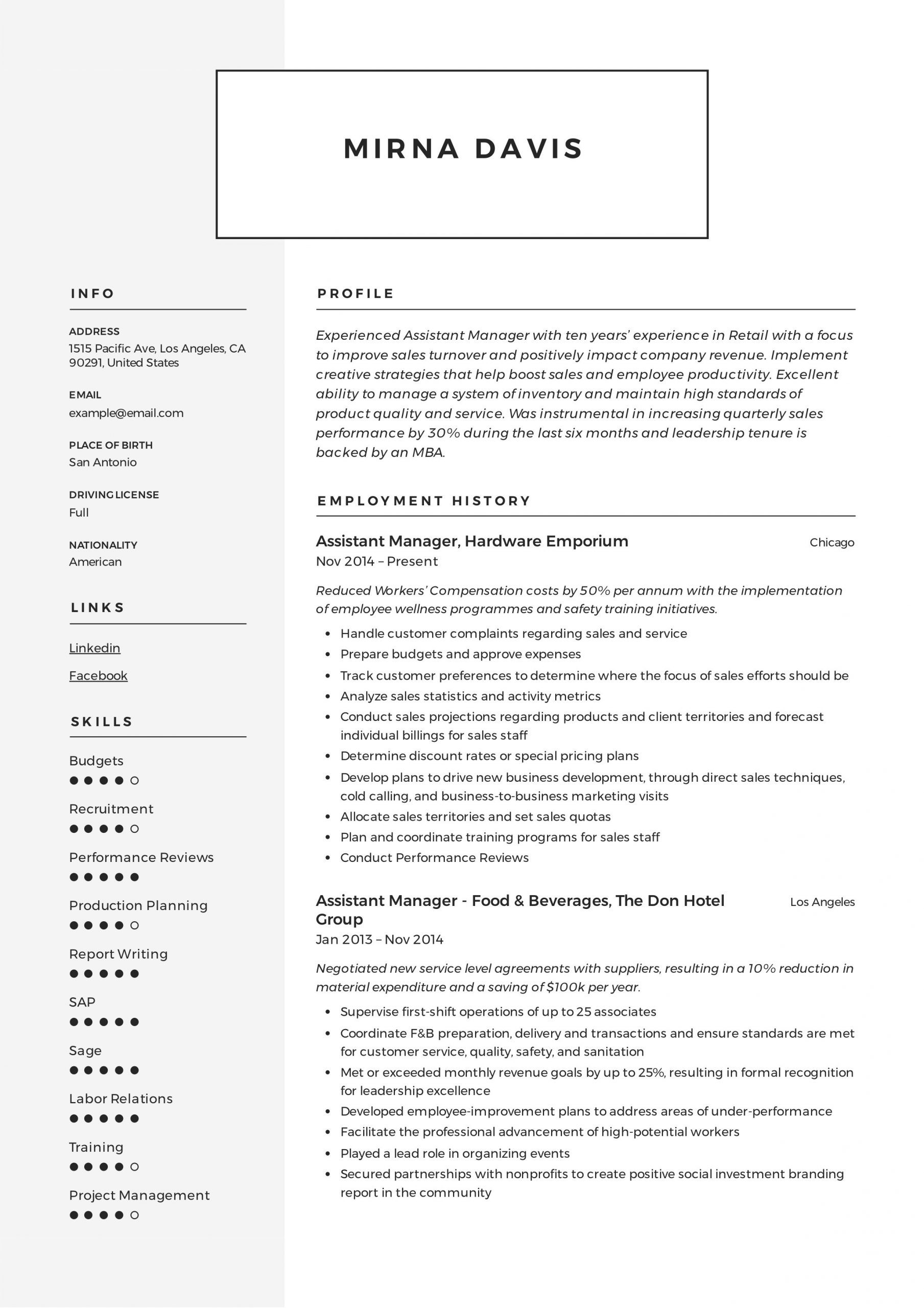 Hotel assistant General Manager Resume Sample assistant Manager Resume