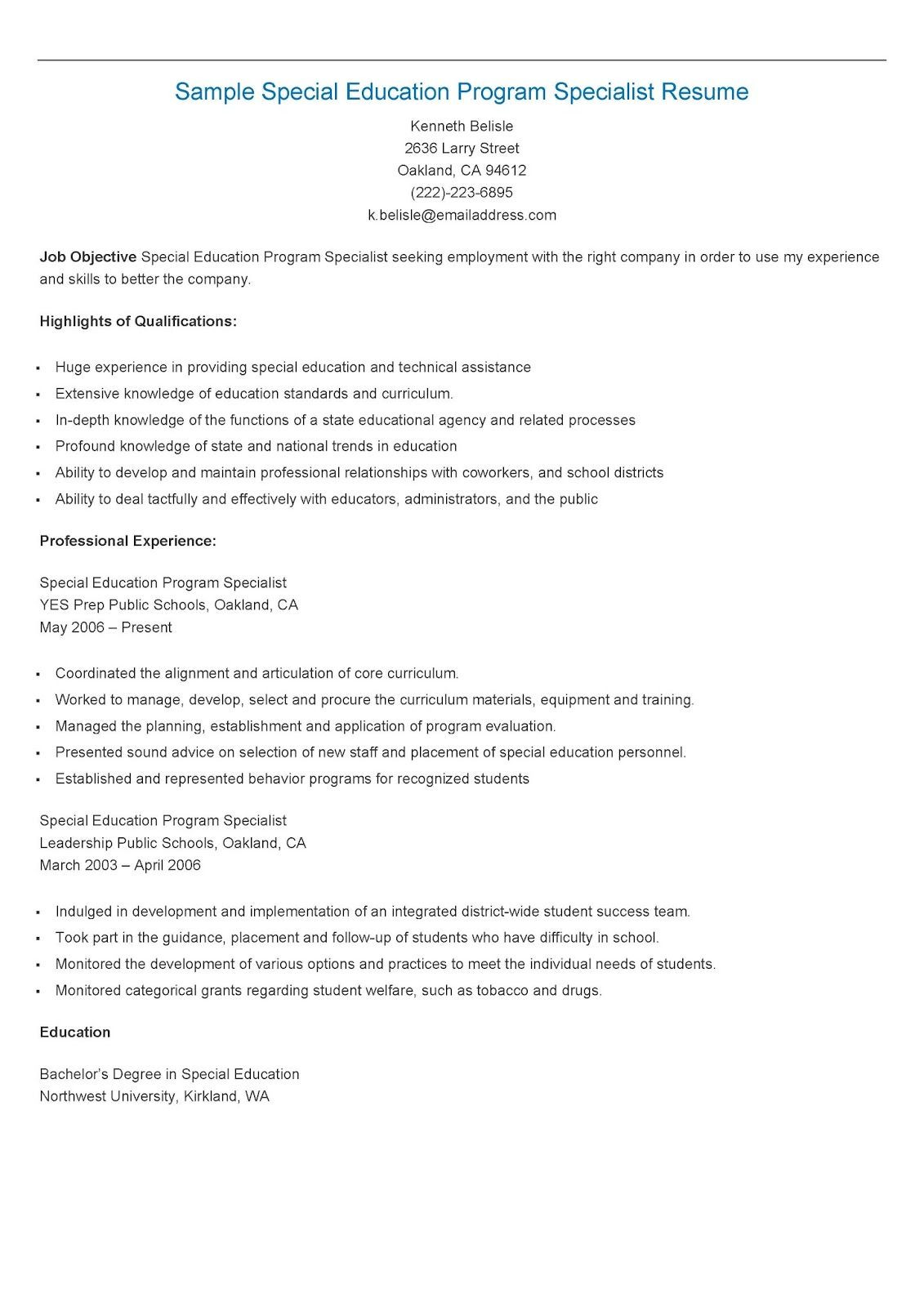 Learning and Development Specialist Resume Sample Sample Special Education Program Specialist Resume Education …
