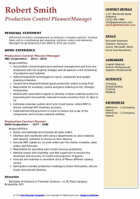 Production Planning and Control Manager Resume Sample Pdf Production Control Planner Resume Samples
