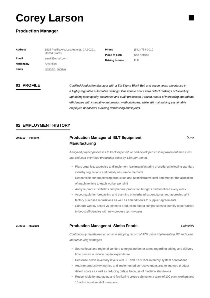 Production Planning and Control Manager Resume Sample Pdf Production Manager Resume Template