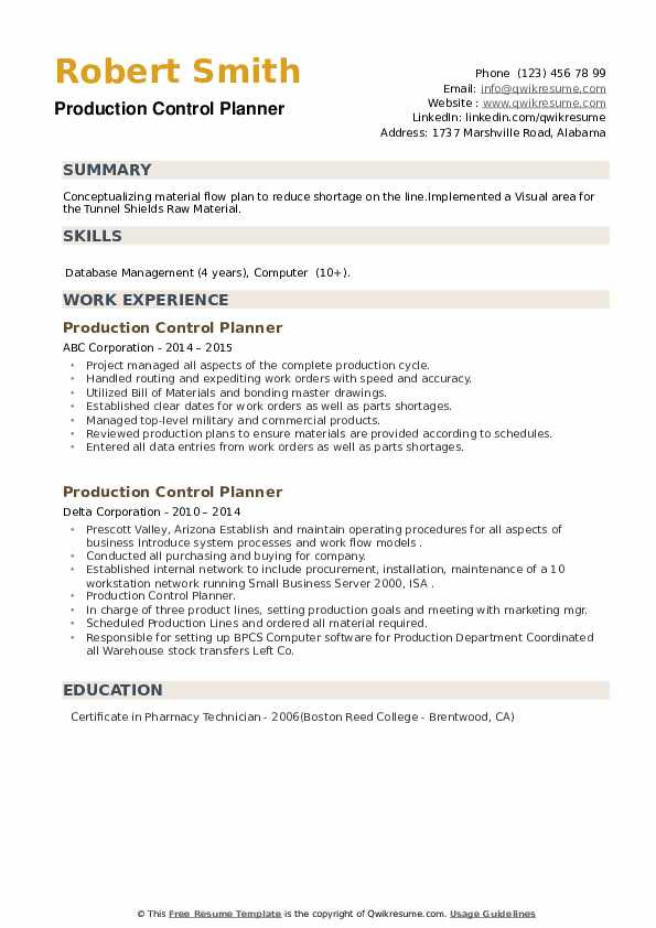 Production Planning and Control Resume Sample Production Control Planner Resume Samples
