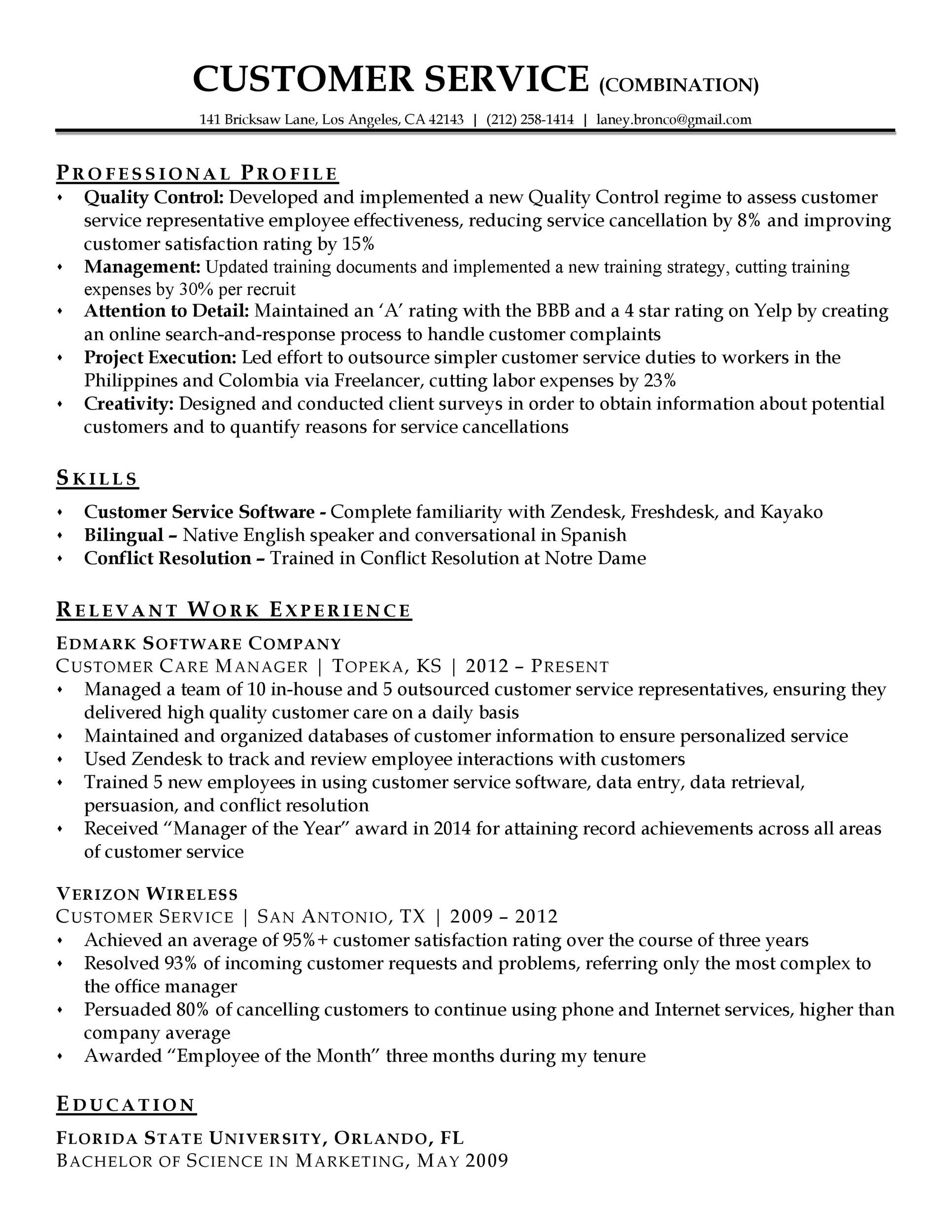 Professional Summary Resume Sample for Customer Service 30 Customer Service Resume Examples Templatelab