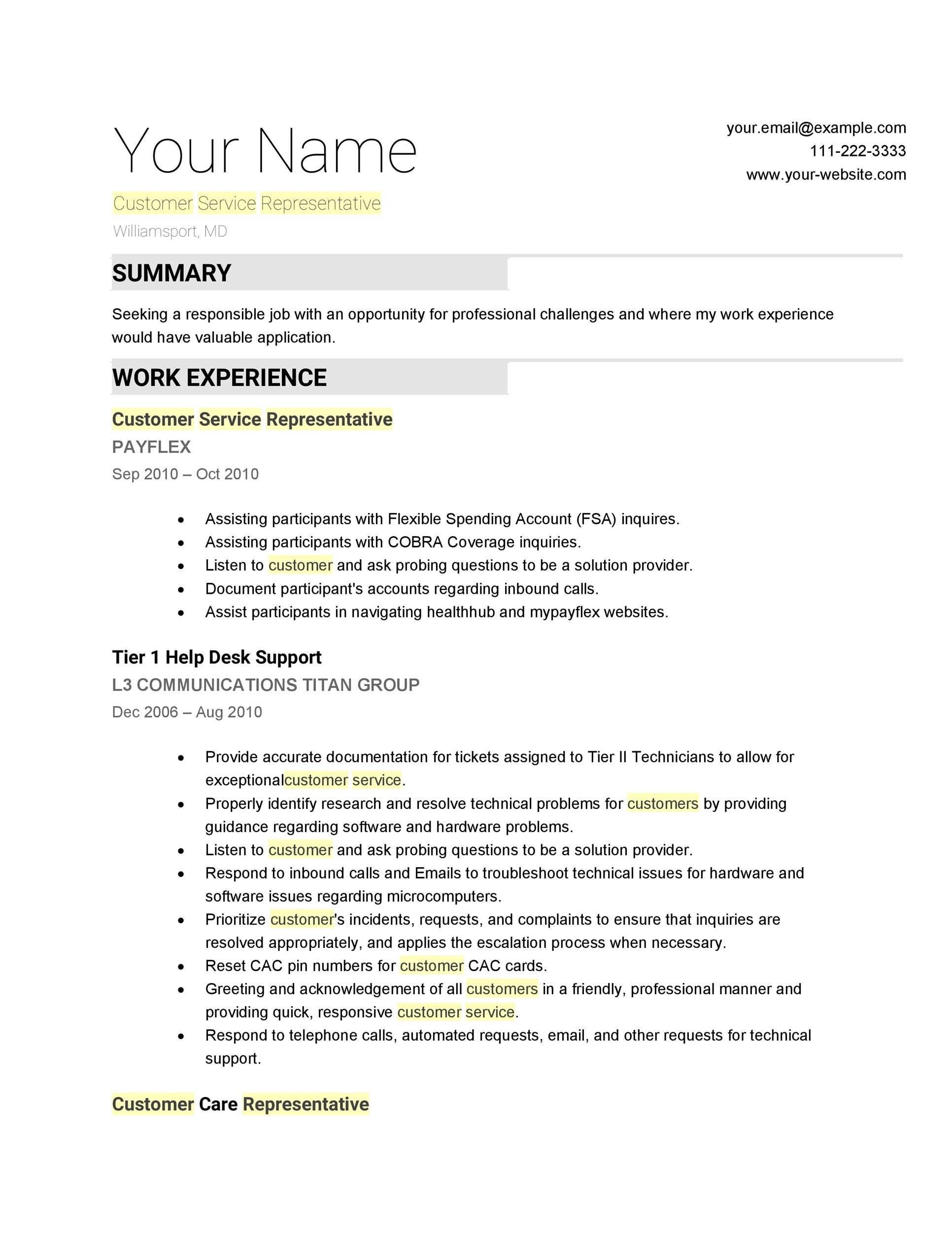 Professional Summary Resume Sample for Customer Service 30 Customer Service Resume Examples Templatelab