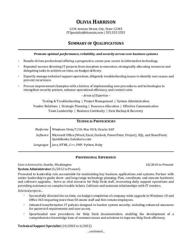 Professional Summary Resume Sample for It It Professional Resume Sample