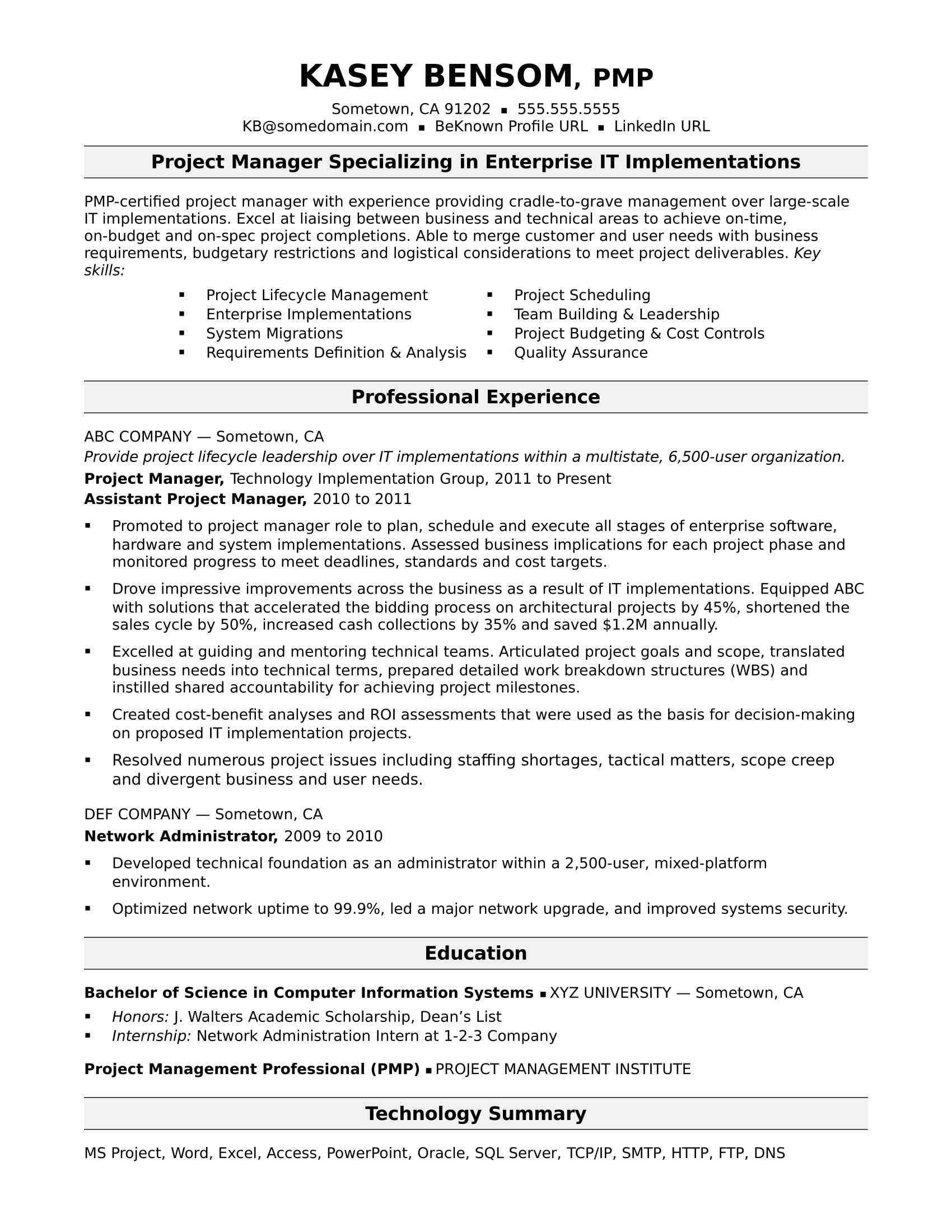 Professional Summary Resume Sample for Manager Project Manager Resume Summary