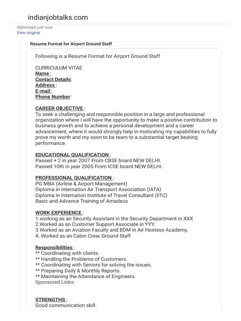 Resume Sample for Airport Ground Staff Cv Pdf Business
