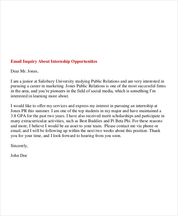 Sample Email to Send Resume for Internship Free 6 Internship Email Examples & Samples In Pdf