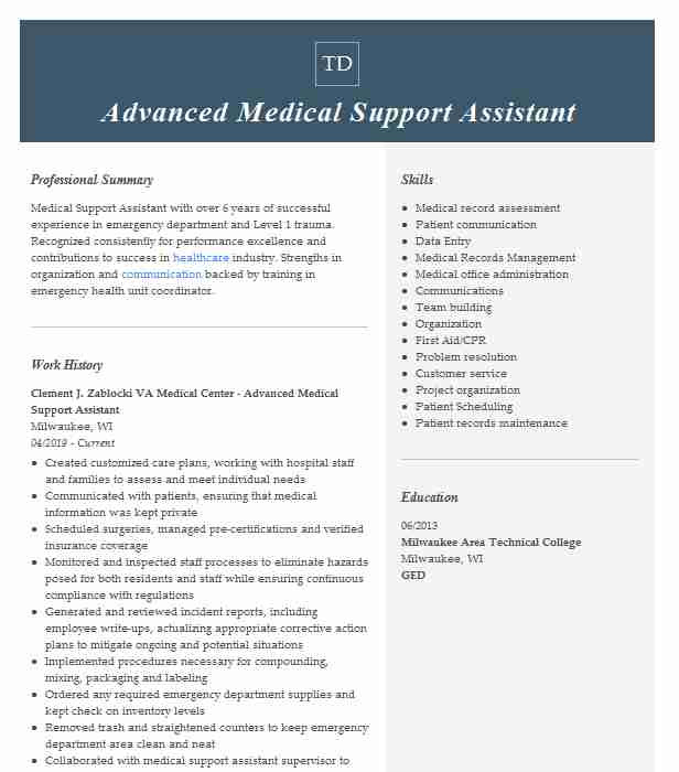Sample Resume for Advanced Medical Support assistant Advanced Medical Support assistant Resume Example Va San