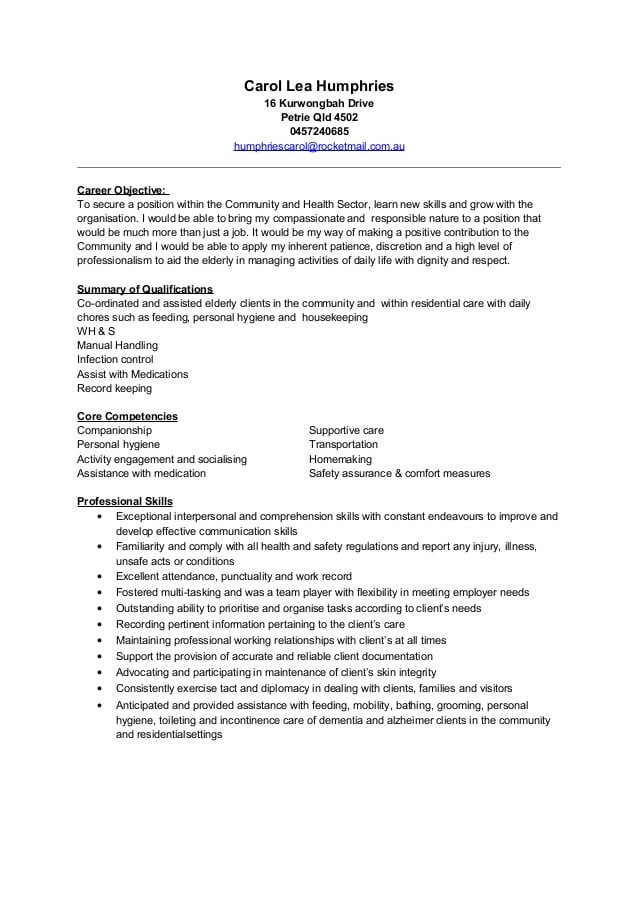 Sample Resume for Aged Care Worker with No Experience Australia Aged Care Resume Anglicare