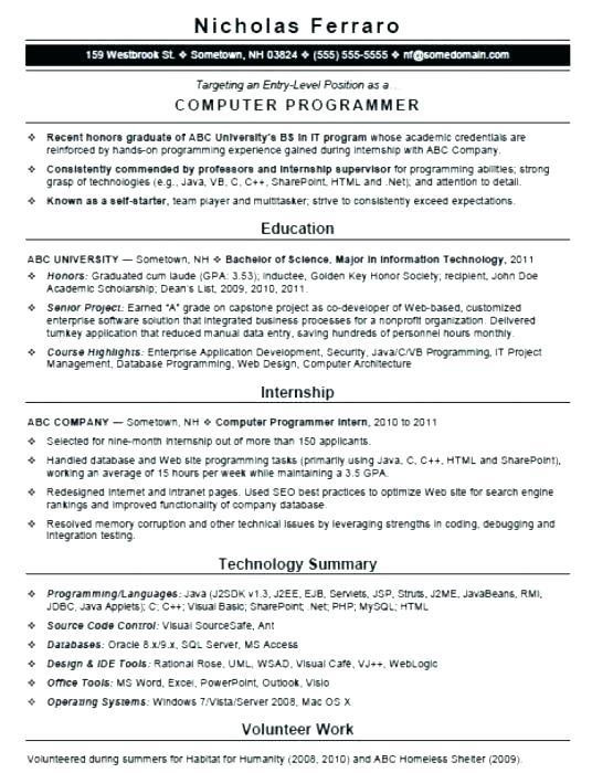 Sample Resume for An Entry Level Computer Programmer 77 Fresh Entry Level Programmer Resume by Pics