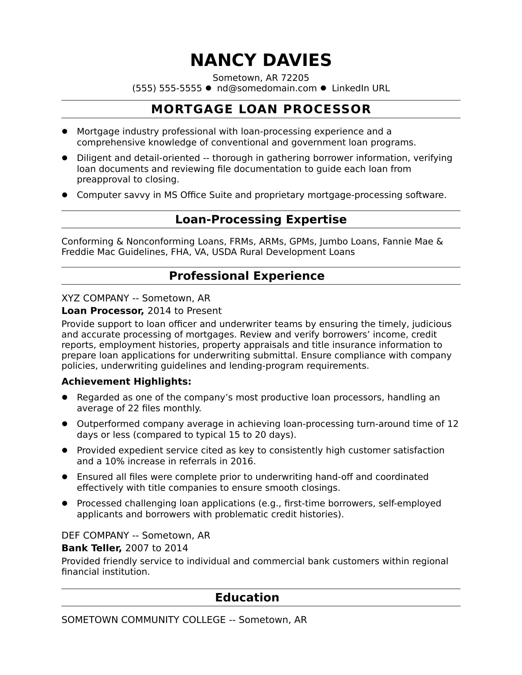 Sample Resume for Business Loan Application Mortgage Loan Processor Resume Sample Monster.com