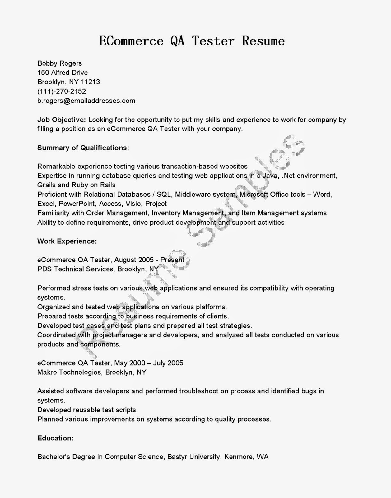 Sample Resume for Ecommerce Qa Tester Resume Samples E Merce Qa Tester Resume
