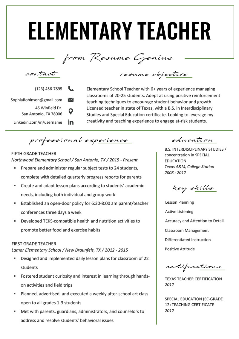 Sample Resume for Elementary Education Teacher Elementary Teacher Resume Samples & Writing Guide