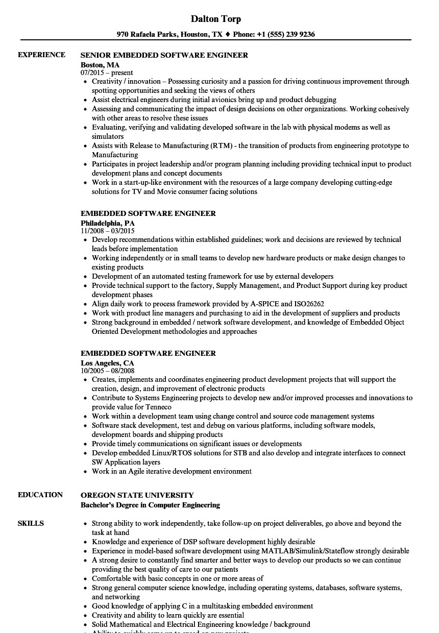 Sample Resume for Embedded software Engineer Experienced Sample Resume for Experienced software Engineer Resume