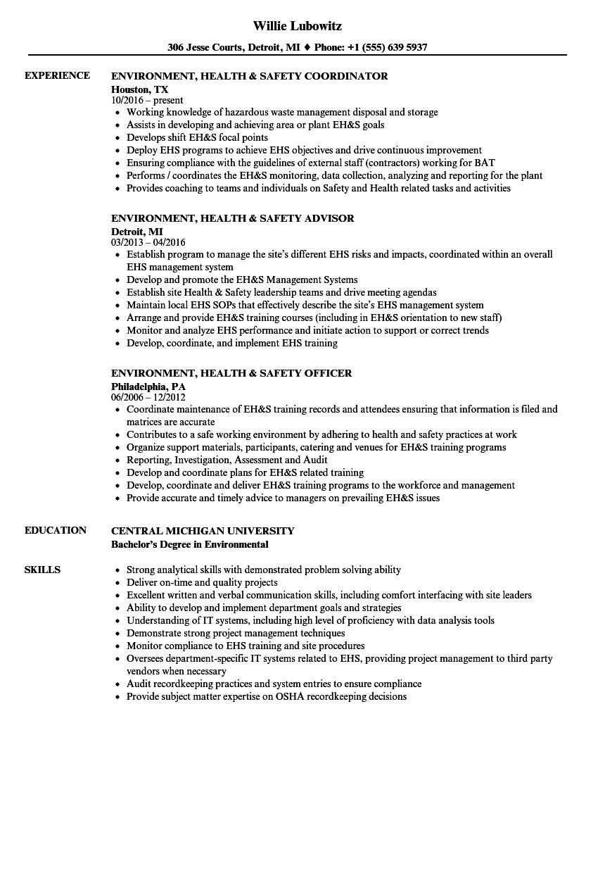 Sample Resume for Environmental Health and Safety Environment Health & Safety Resume Samples