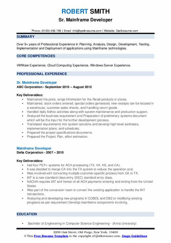 Sample Resume for Experienced Mainframe Developer Mainframe Developer Resume Samples