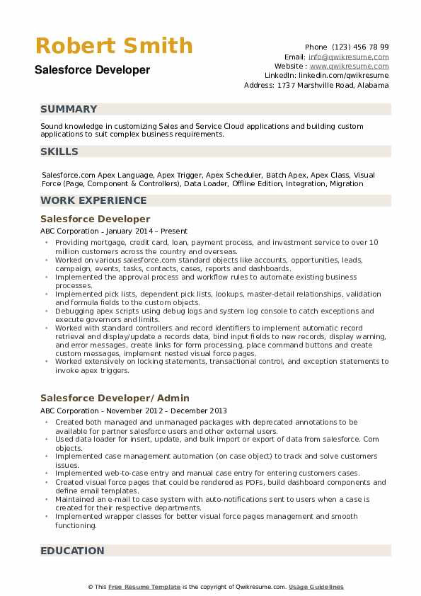Sample Resume for Experienced Salesforce Developer Salesforce Developer Resume Samples