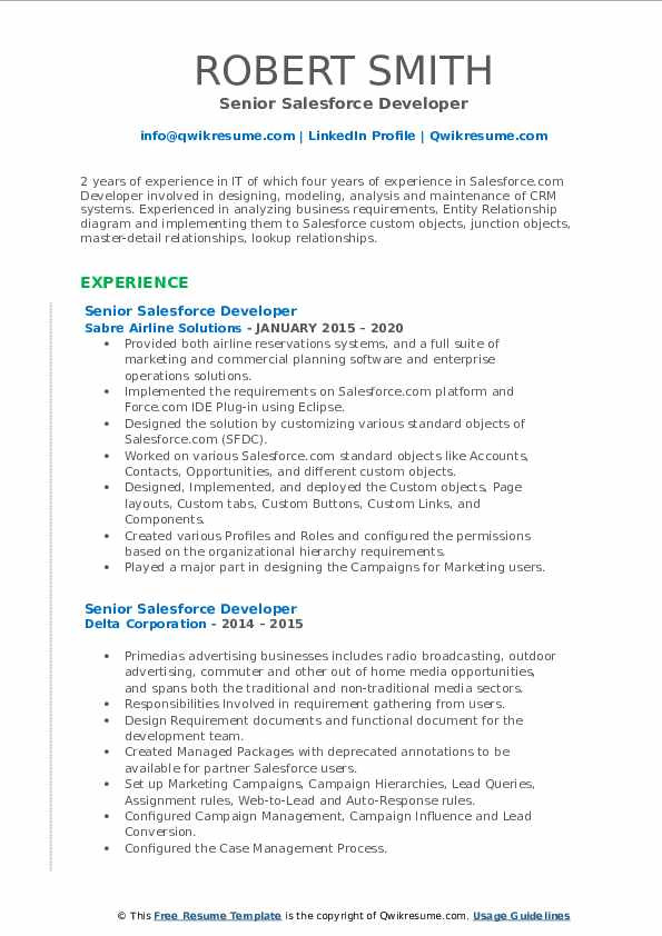 Sample Resume for Experienced Salesforce Developer Senior Salesforce Developer Resume Samples