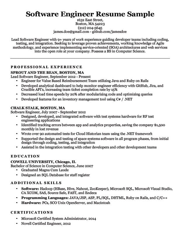 Sample Resume for Experienced software Engineer software Engineer Resume Sample & Writing Tips