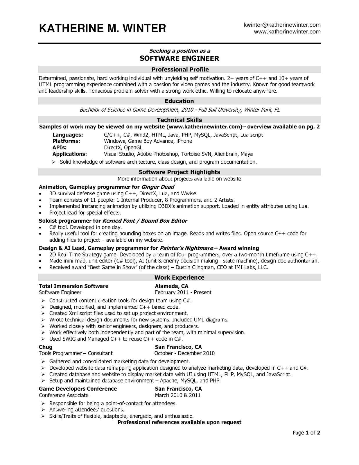 Sample Resume for Experienced software Engineer software Engineer Resume Samples