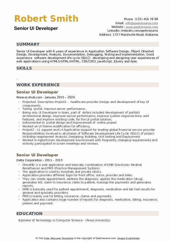 Sample Resume for Experienced Ui Developer Free Download Senior Ui Developer Resume Samples