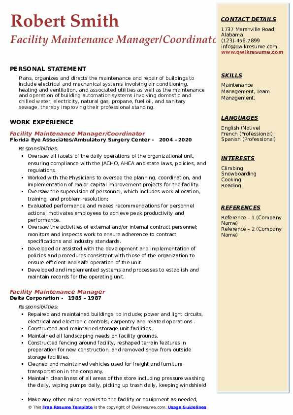 Sample Resume for Facility Maintenance Manager Facility Maintenance Manager Resume Samples