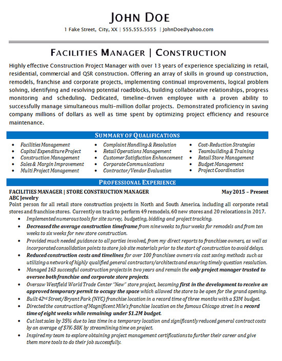 Sample Resume for Facility Manager In India Facilities Manager Resume Example Construction Projects