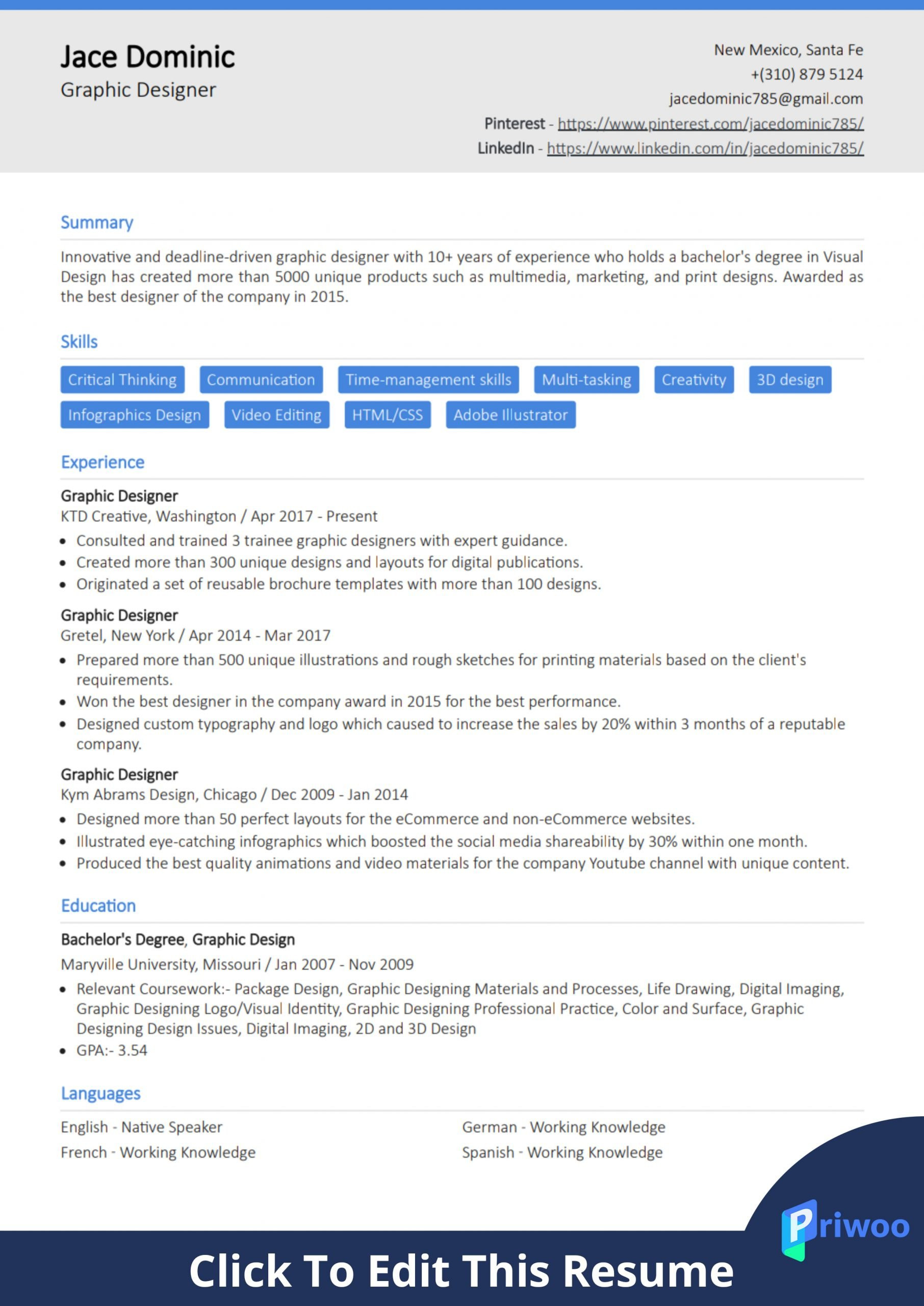 Sample Resume for Graphic Designer Fresher Creative Graphic Designer Resume Example and Tips Priwoo
