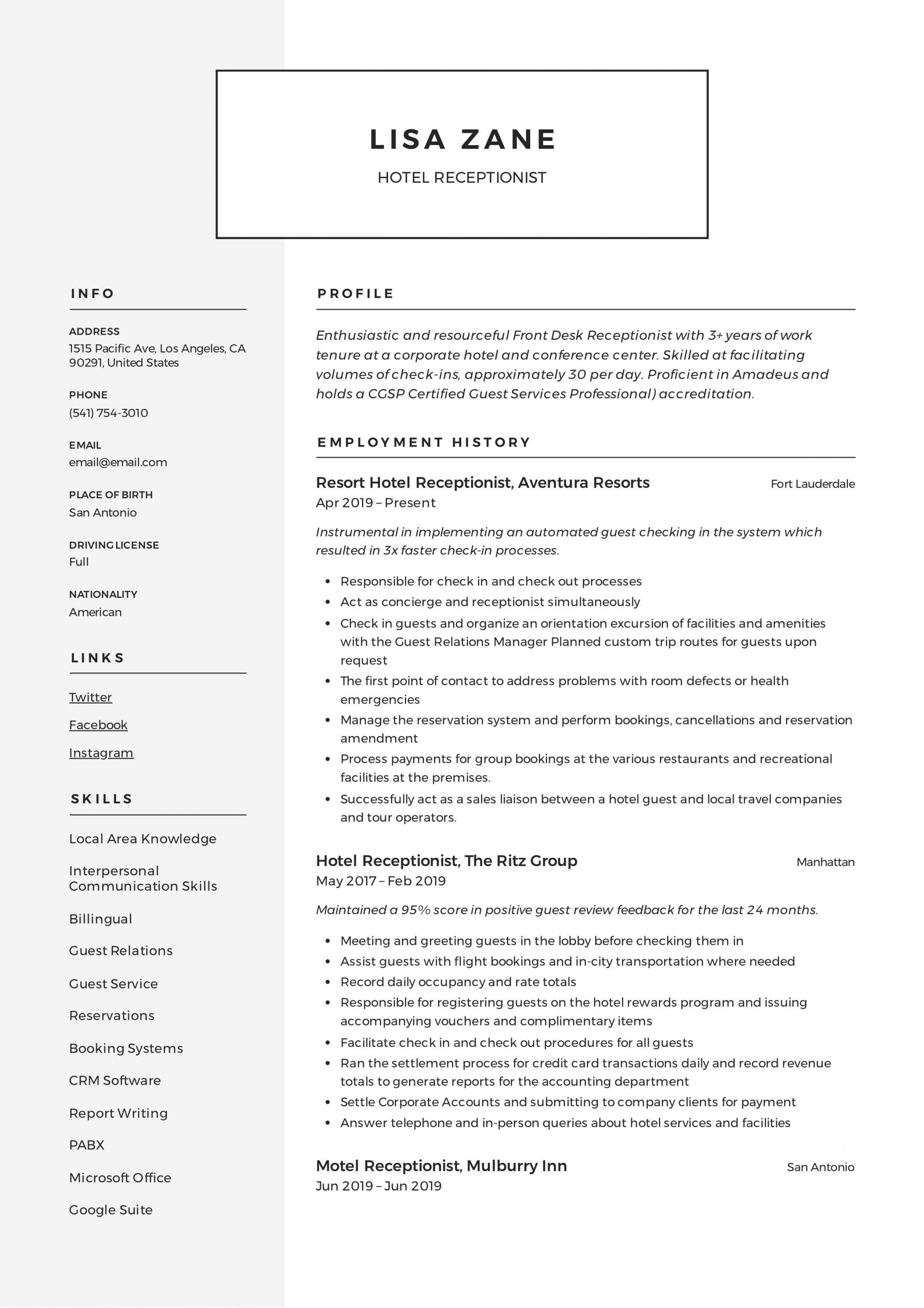 Sample Resume for Hotel Front Desk Receptionist Hotel Receptionist Resume & Writing Guide  12 Templates 2020