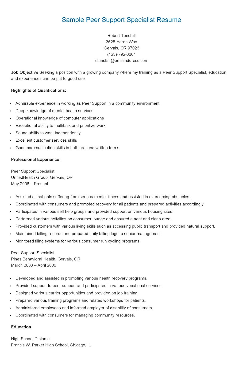 Sample Resume for Peer Support Specialist Resume Samples Sample Peer Support Specialist Resume