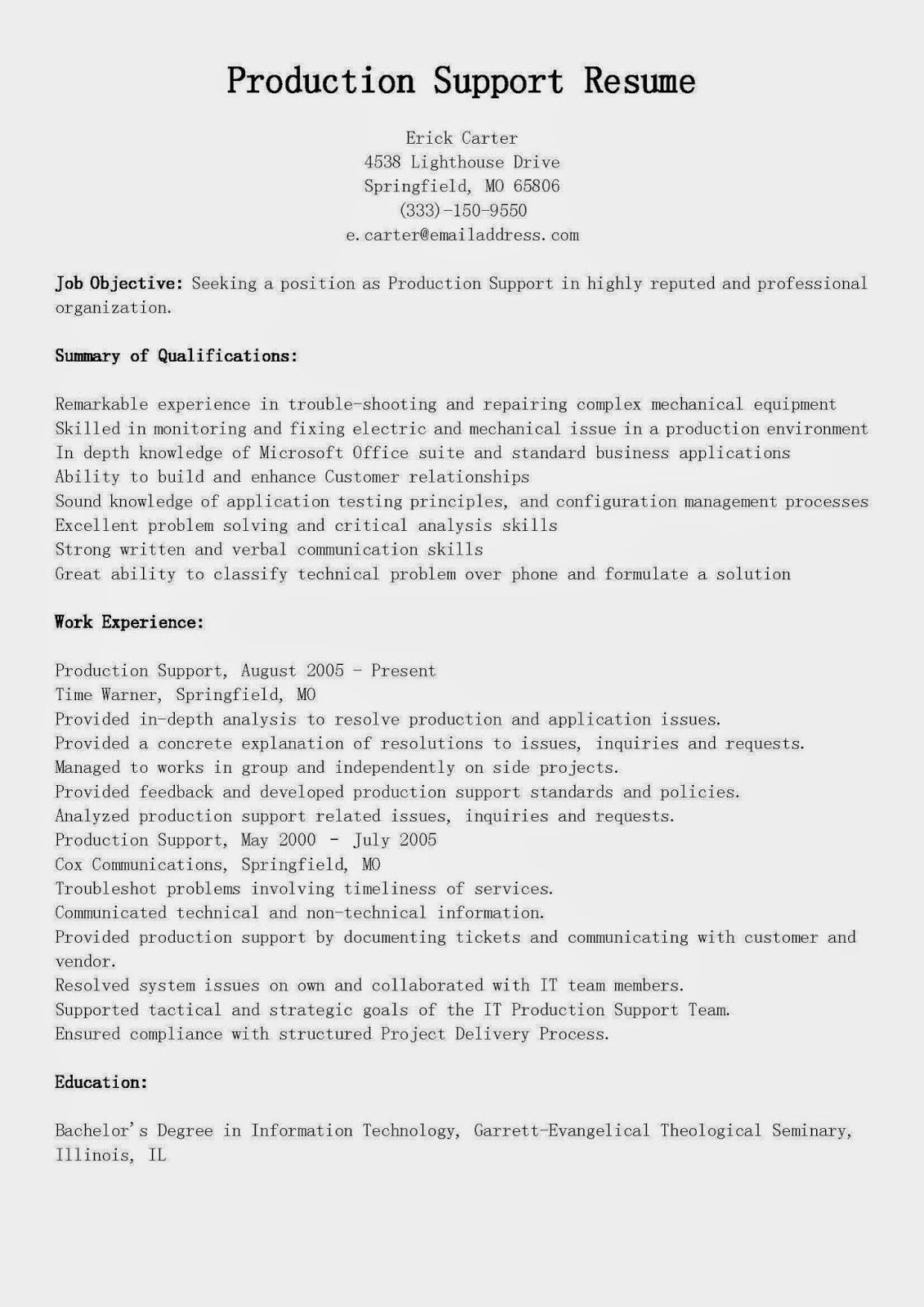 Sample Resume for Production Support Engineer Production Support Resume Sample Resume, Supportive, Best Resume