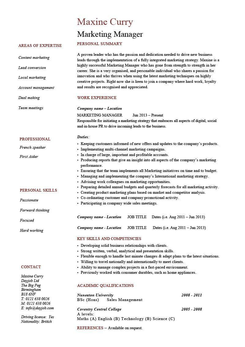 Sample Resume for Sales and Marketing Manager Marketing Manager Resume Example, Cv Template, Skills, India …