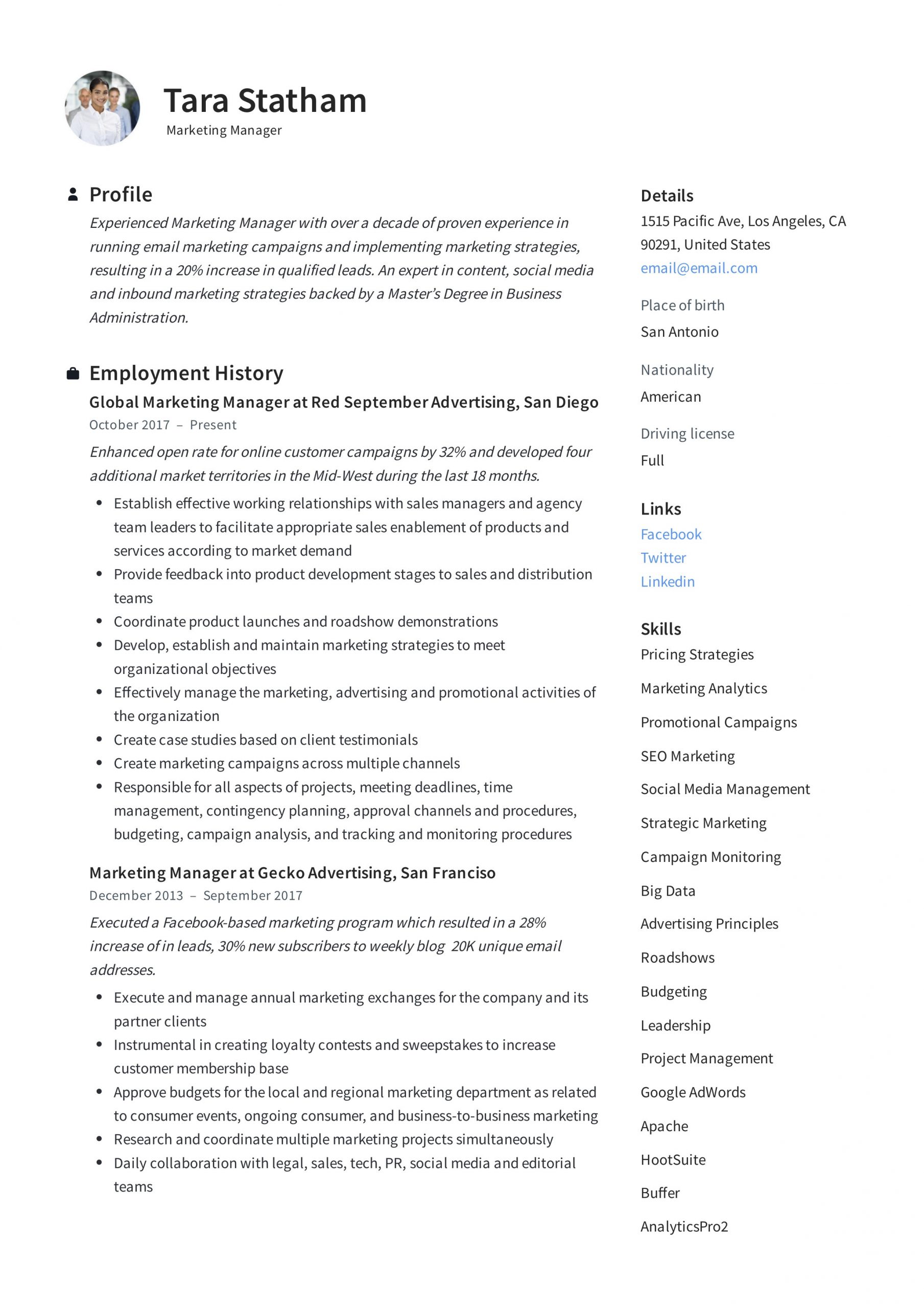 Sample Resume for Sales and Marketing Manager Marketing Manager Resume   Writing Guide 12 Templates 2020