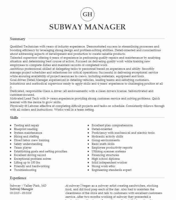 Sample Resume for Subway Restaurant Worker Subway Manager Resume Example Vkcs Llc Houston Texas