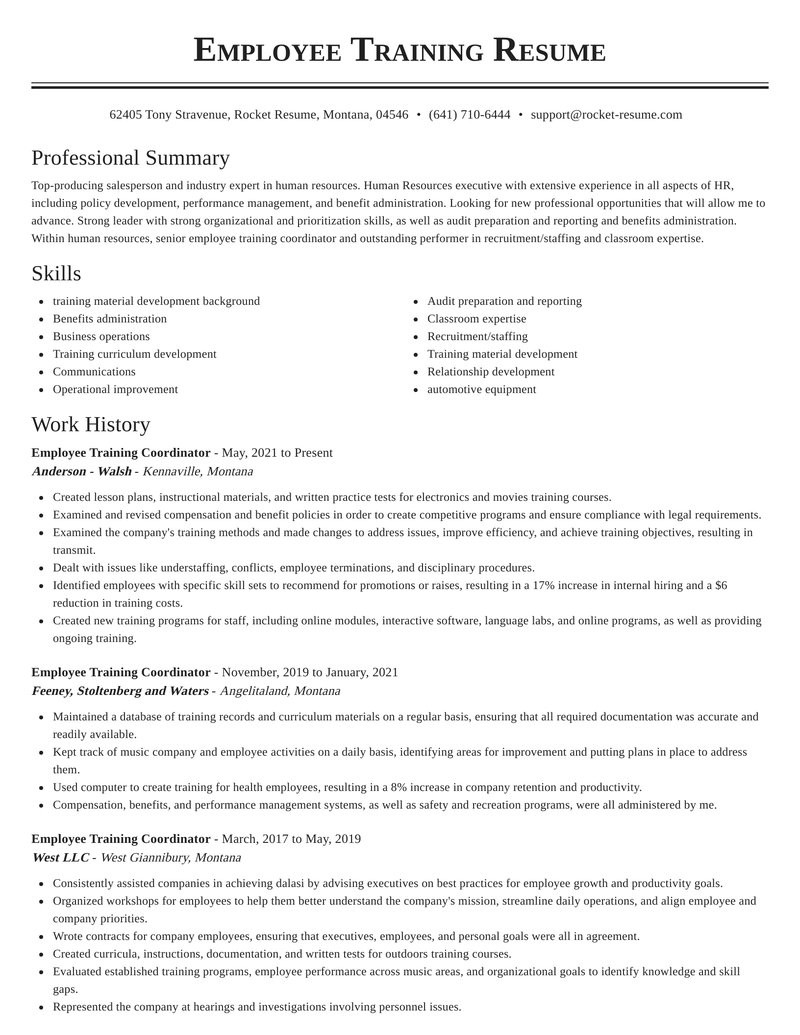 Sample Resume for Training and Development Coordinator Employee Training Coordinator Resume Generator & Content