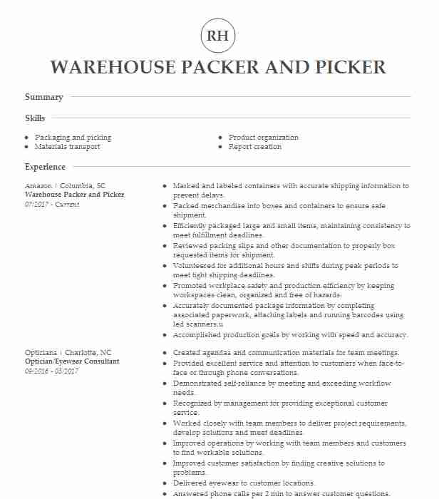Sample Resume for Warehouse Picker Packer Packer Warehouse Picker Resume Example Dolls Kill Inc
