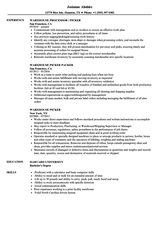 Sample Resume for Warehouse Picker Packer Warehouse Packaging Resume Resume Sample