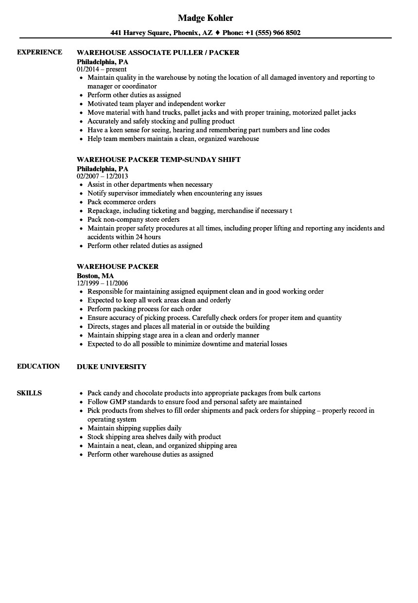 Sample Resume for Warehouse Picker Packer Warehouse Packer Resume Samples