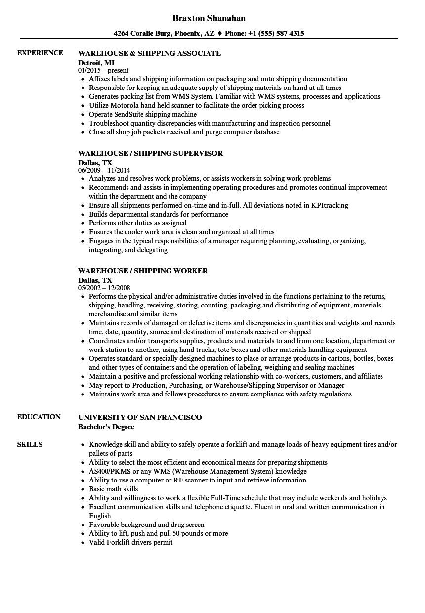 Sample Resume for Warehouse Shipping and Receiving Warehouse Shipping Resume Samples