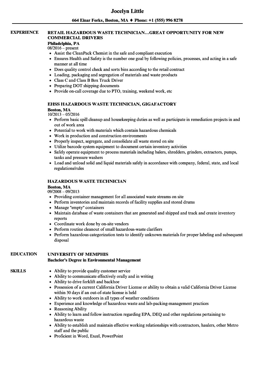 Sample Resume for Waste Management Job Chemical Waste Management Technician Cv January 2021