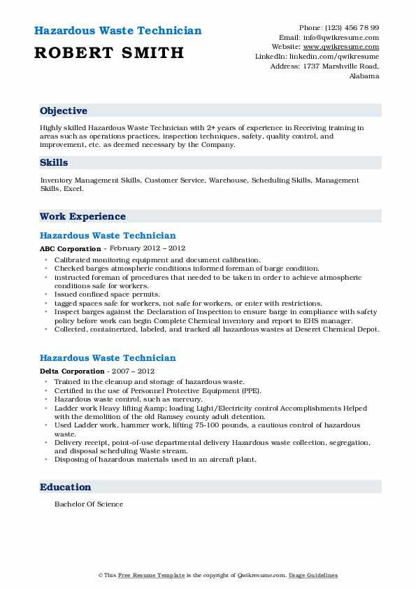 Sample Resume for Waste Management Job Hazardous Waste Technician Resume Samples