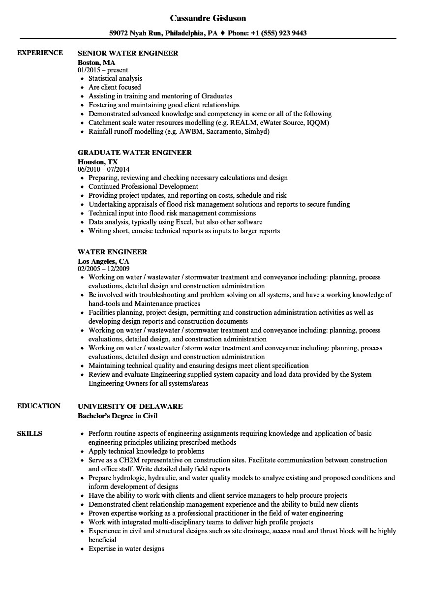 Sample Resume for Water Treatment Engineer Water Engineer Resume Samples