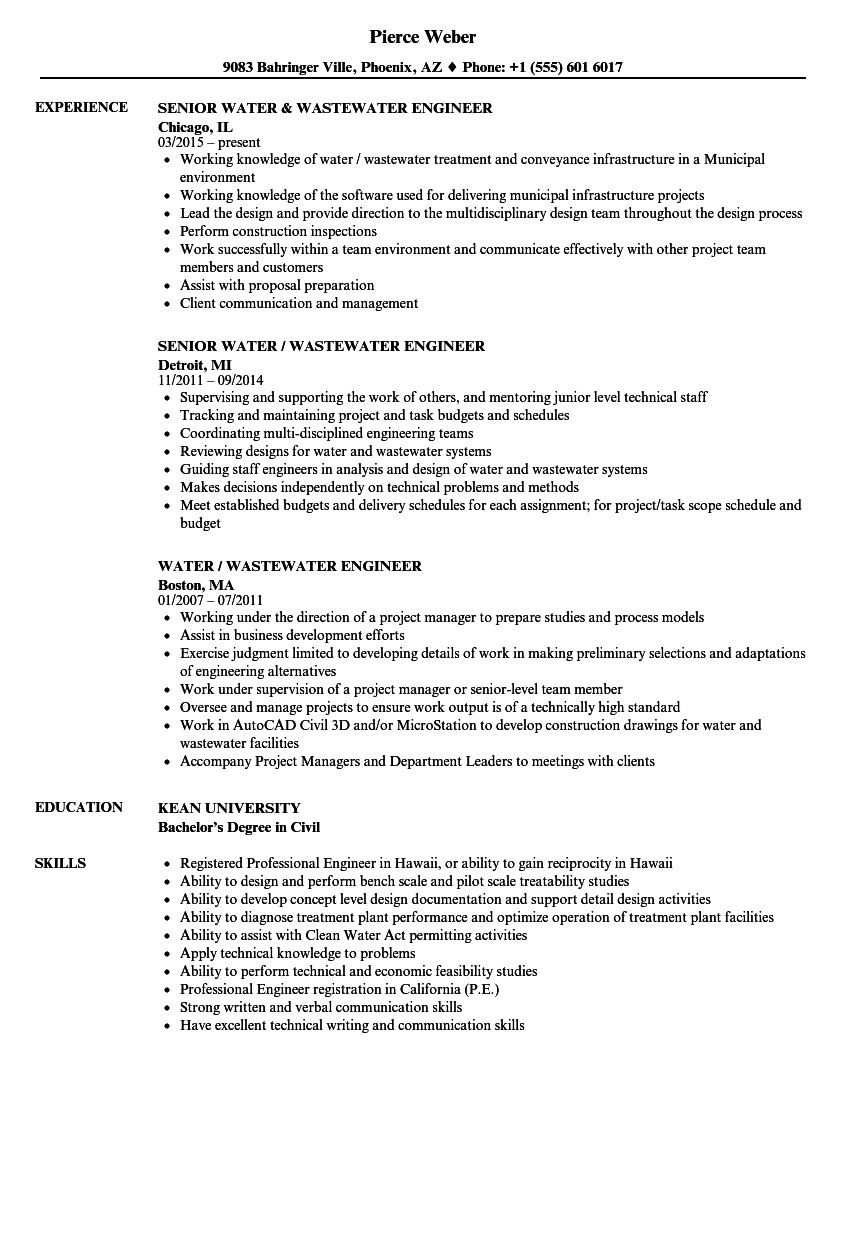 Sample Resume for Water Treatment Engineer Water Resource Engineer Cv July 2020