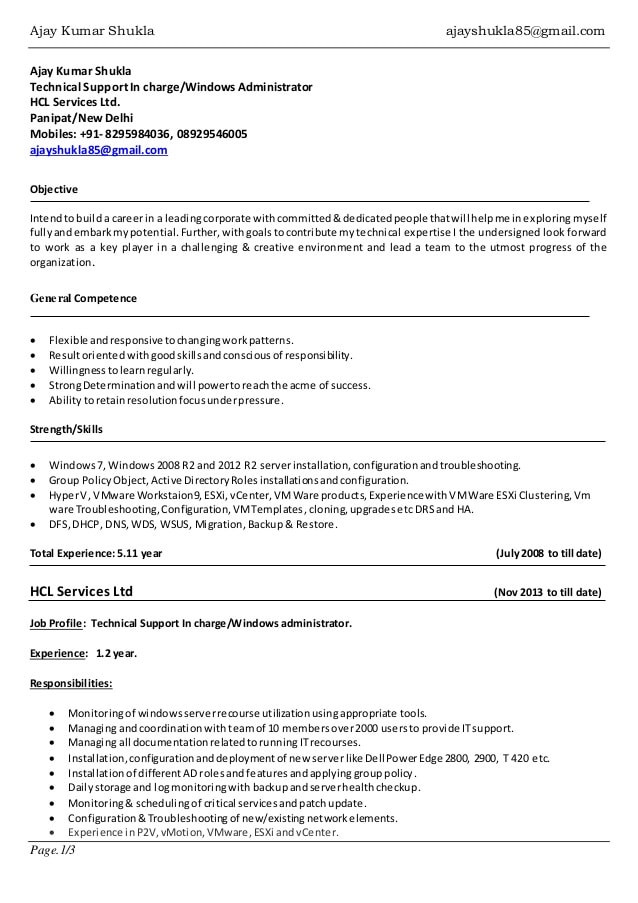 Sample Resume for Windows Server Administrator Fresher Resume Ajay Shukla Windows Server Vmware Admin