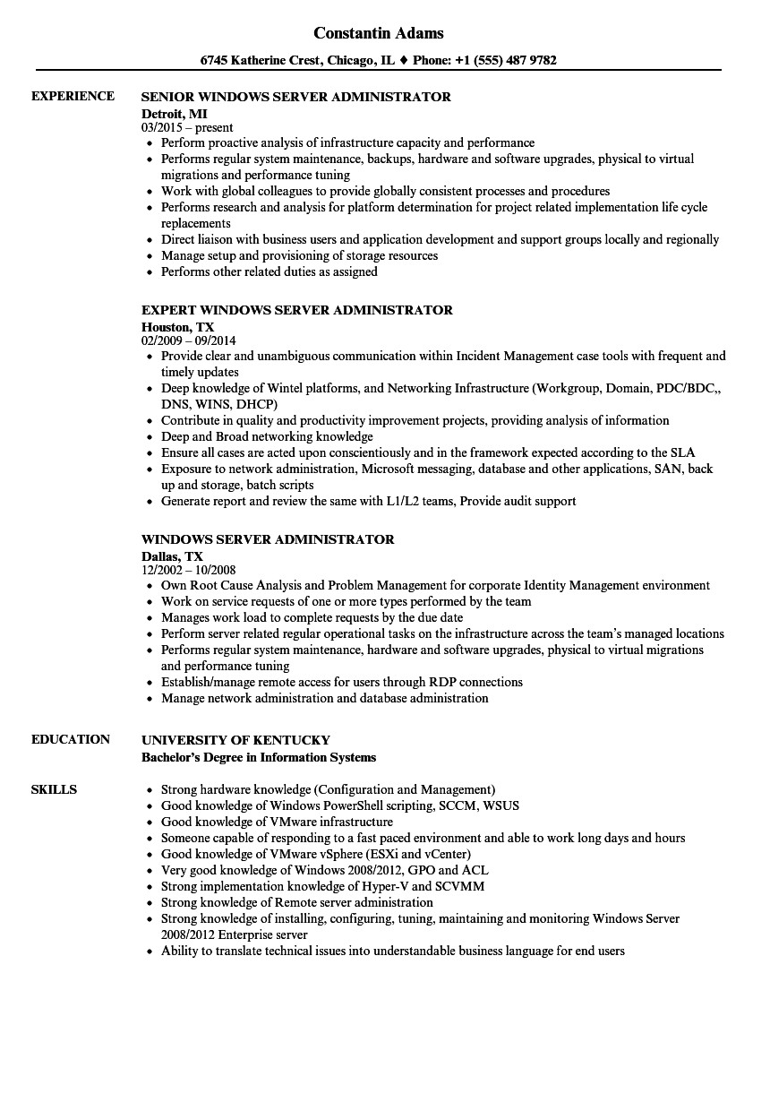 Sample Resume for Windows Server Administrator Fresher Senior Windows System Administrator Resume