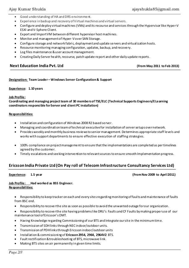 Sample Resume for Windows Server Administrator Fresher Vmware Administrator Resume Sample